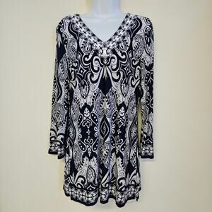 JM Collection Blue and White Paisley Tunic Size S Mature Western Casual Cruise